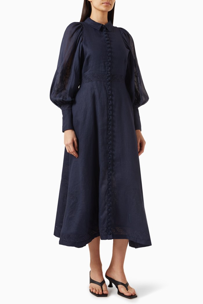 

Martina Embroidery Midi Shirt Dress in Linen, Blue