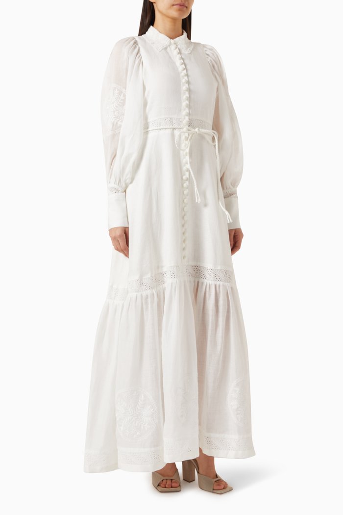 

Theodora Embroidery Maxi Dress in Linen Ramie, White