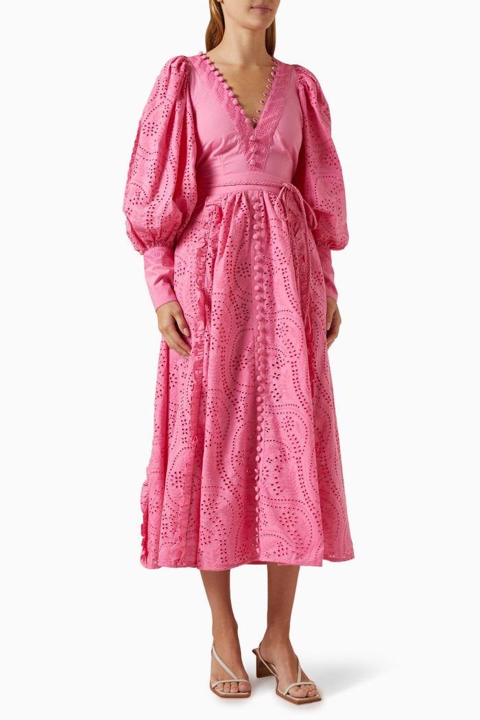 Saskia Mdi Dress in Organic Cotton Broderie, Pink