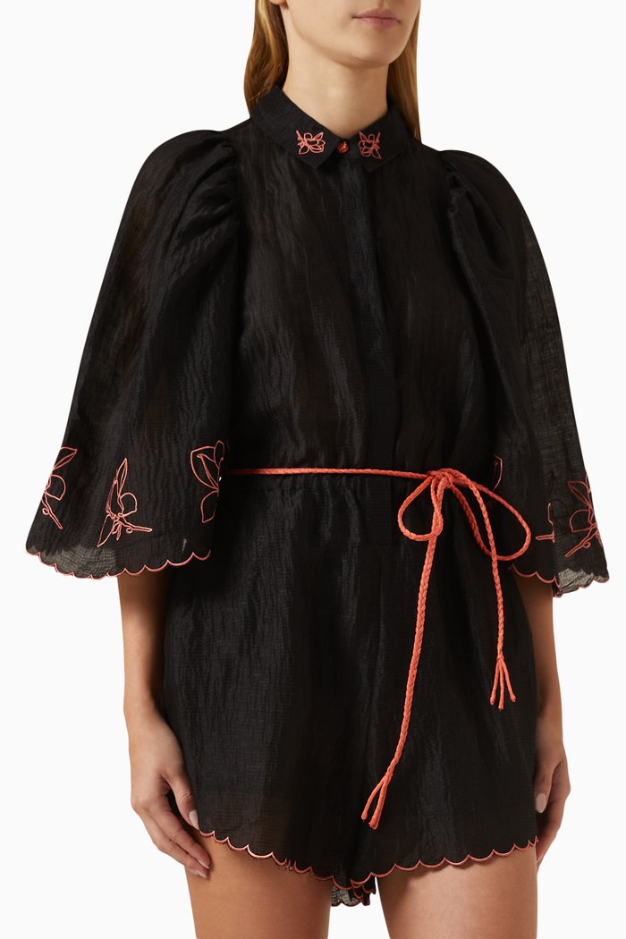 Joyce Belted Playsuit in Silk Linen, Black