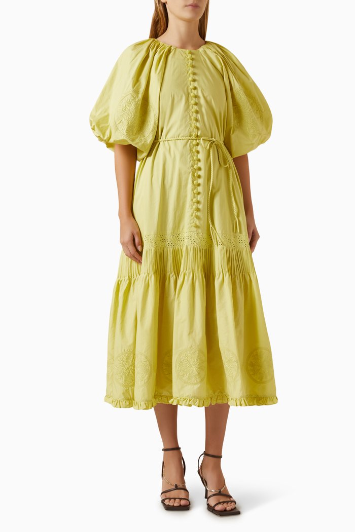 

Lilah Embroidery Midi Smock Dress in Organic Cotton, Yellow