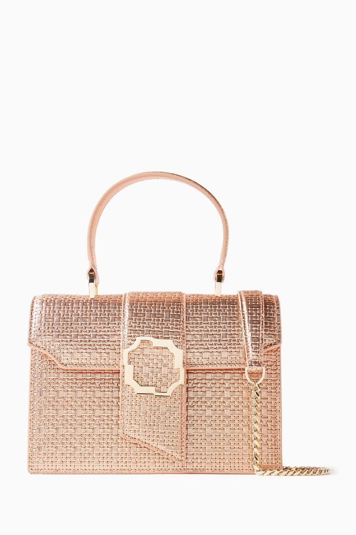 Small Audrey Top-handle Bag in Embossed Wicker, Pink