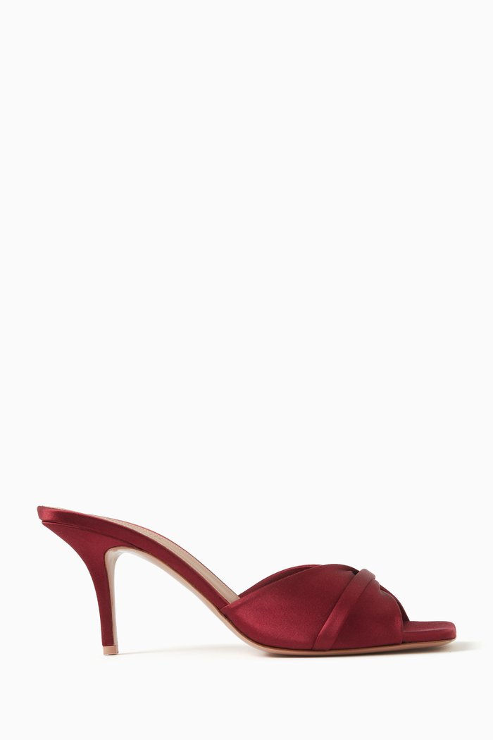 

Perla Twist 70 Mule Sandals in Satin, Burgundy