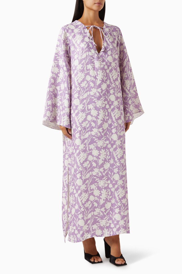 Arielle Floral Print Kaftan in Linen, Purple