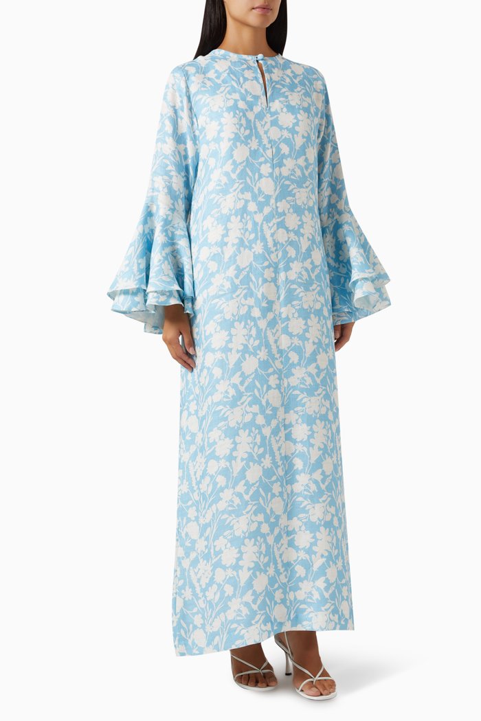 

Arielle Floral Prit Kaftan in Linen, Blue