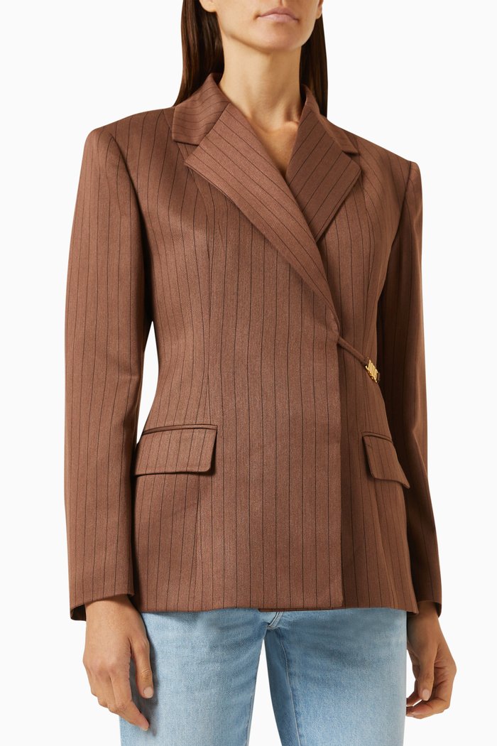 Pinstripe Clip Blazer in Polyester, Brown