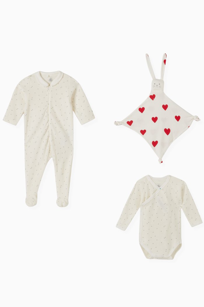 

Heart-print Gift Set in Cotton, Set of 3, White