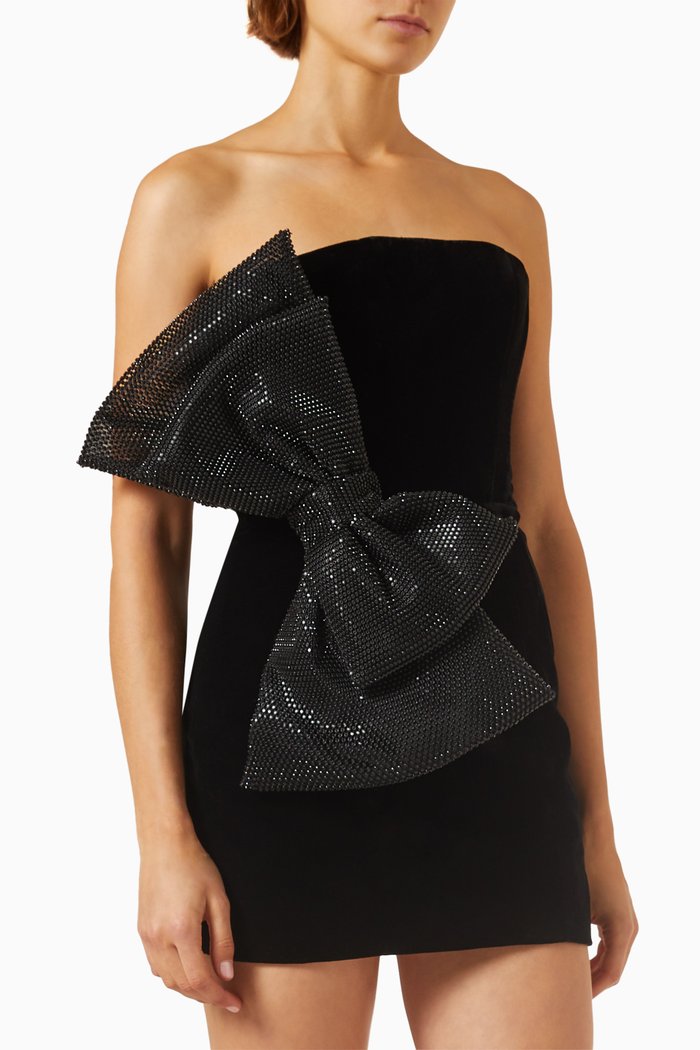 

Embellished Bow Mini Dress in Velvet, Black