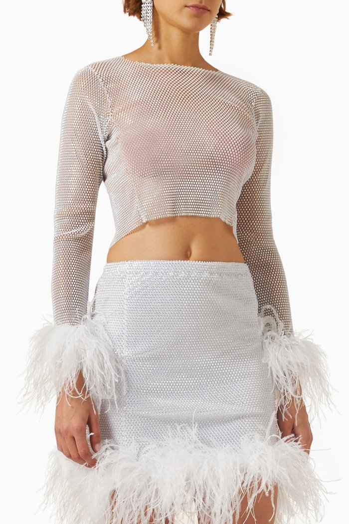 

Rhinestone-embellished Top in Mesh, White