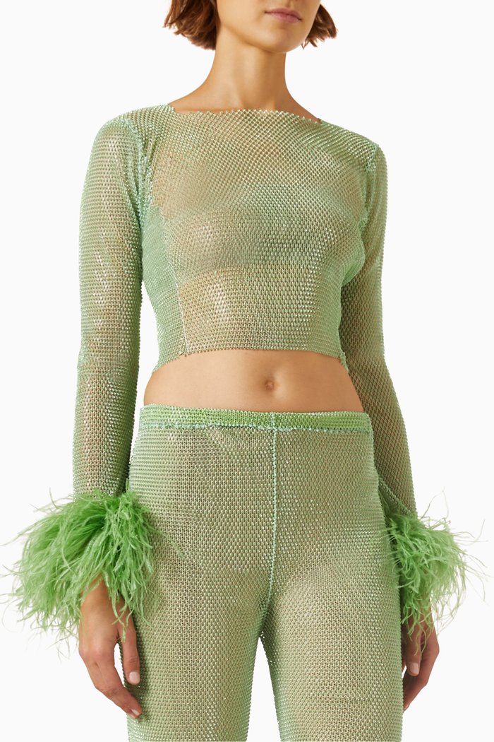 

Rhinestone-embellished Top in Mesh, Green