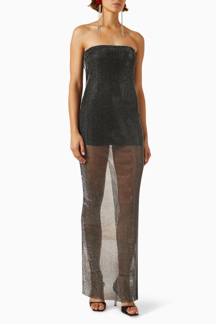 

Rhinestone-embellished Strapless Dress in Mesh, Black