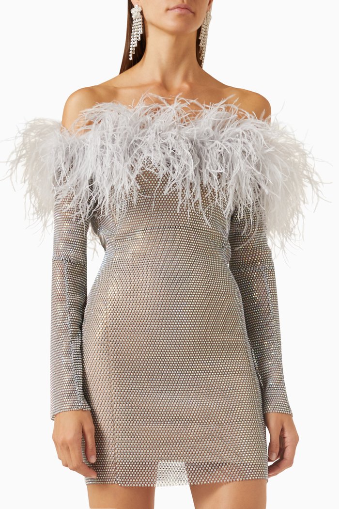 

Off-shoulder Mini Dress in Mesh, Grey