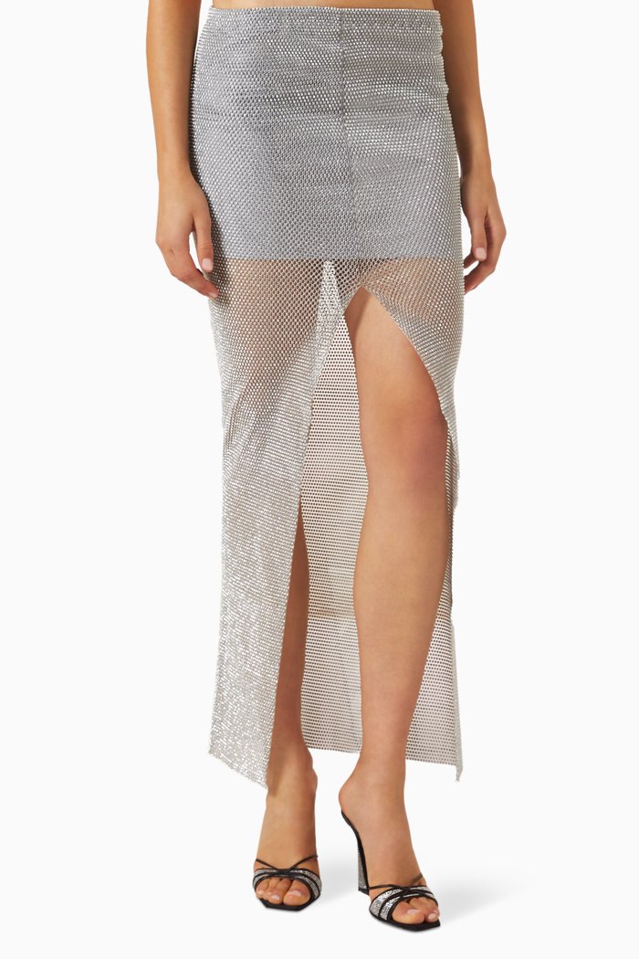 Rhinestone-embellished Skirt in Mesh, Silver