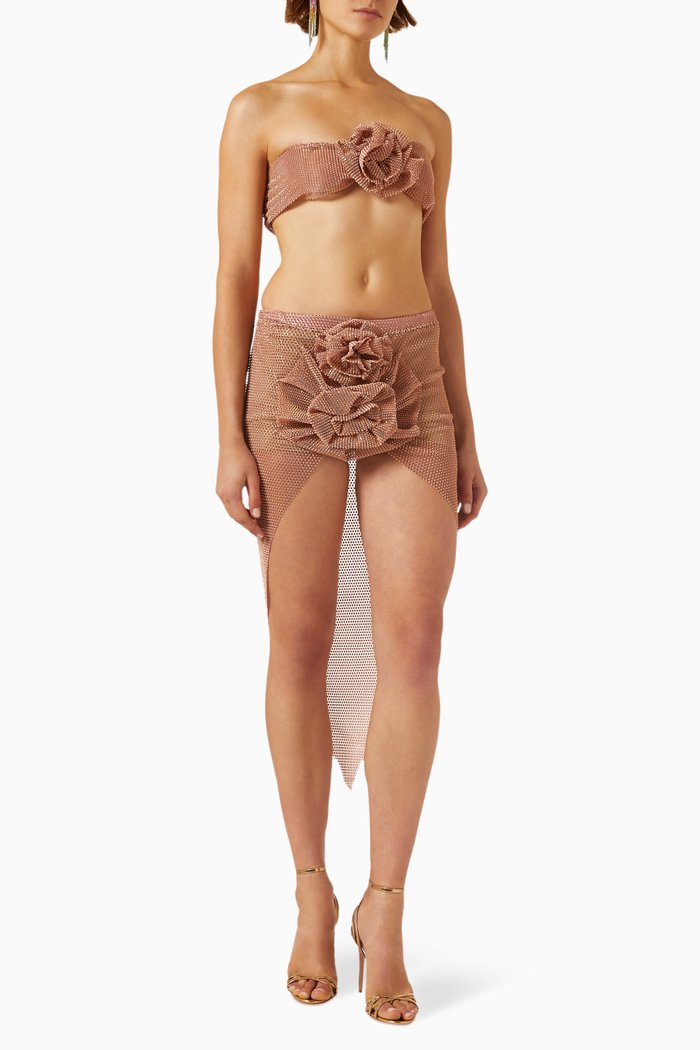 

Rhinestone-embellished Top & Skirt Set in Mesh, Neutral