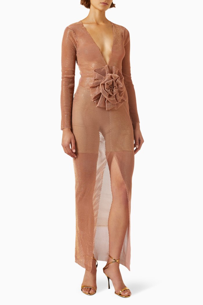 

Rhinestone-embellished Dress in Mesh, Neutral