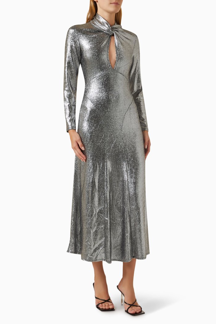 

Hanna Keyhole Midi Dress in Metallic-jersey, Silver