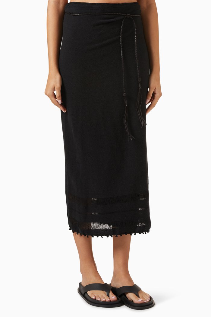 

Pareo Belted Midi Skirt in Cotton-gauze, Black