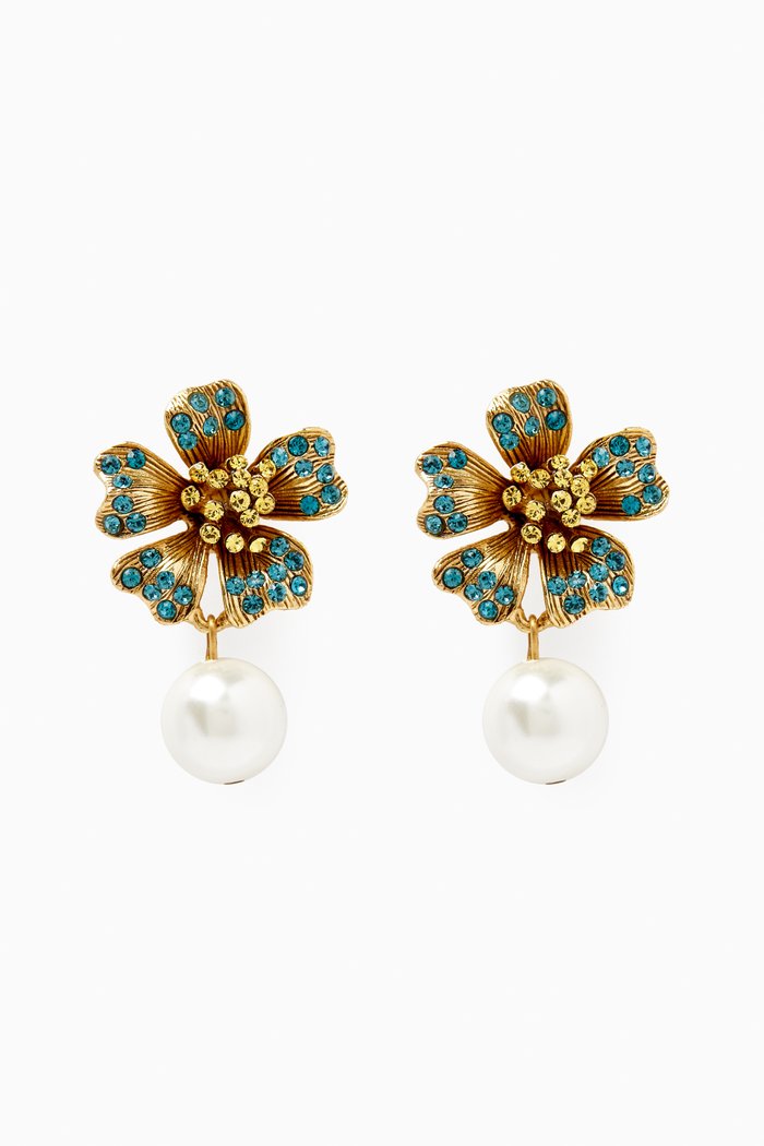 

Dotted Petal Pearl Drop Earrings in Metal, Blue