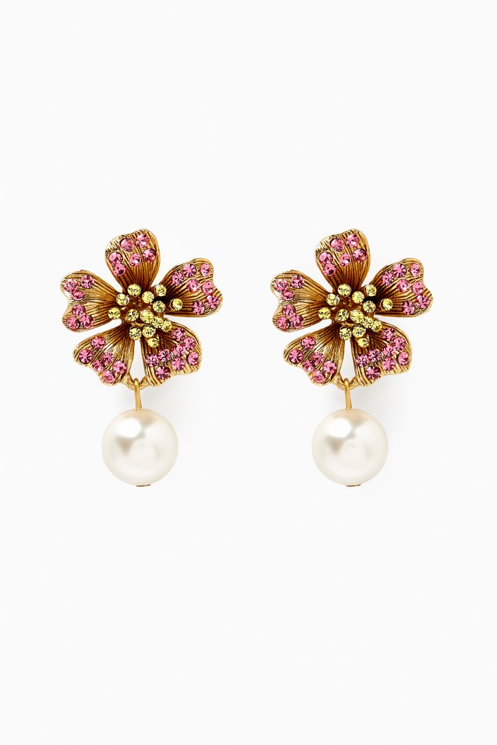 Dotted Petal Pearl Drop Earrings in Metal, Pink