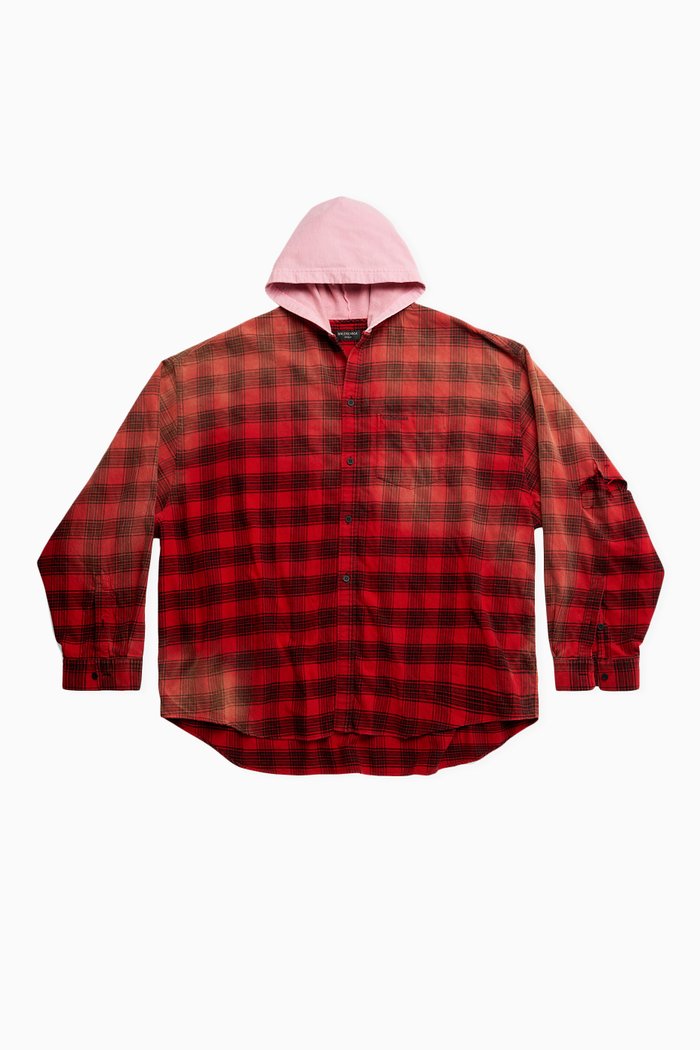 

Unisex Hooded Oversized Shirt in Check Flannel & Cotton-fleece, Red
