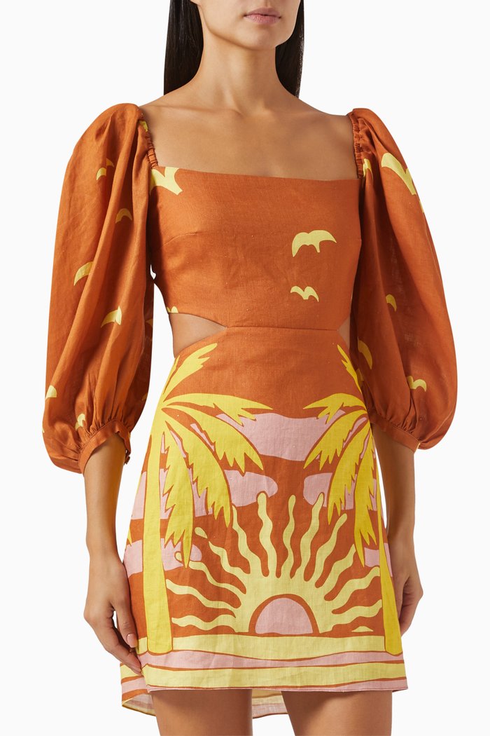 

Printed Guapi Dress in Linen, Orange