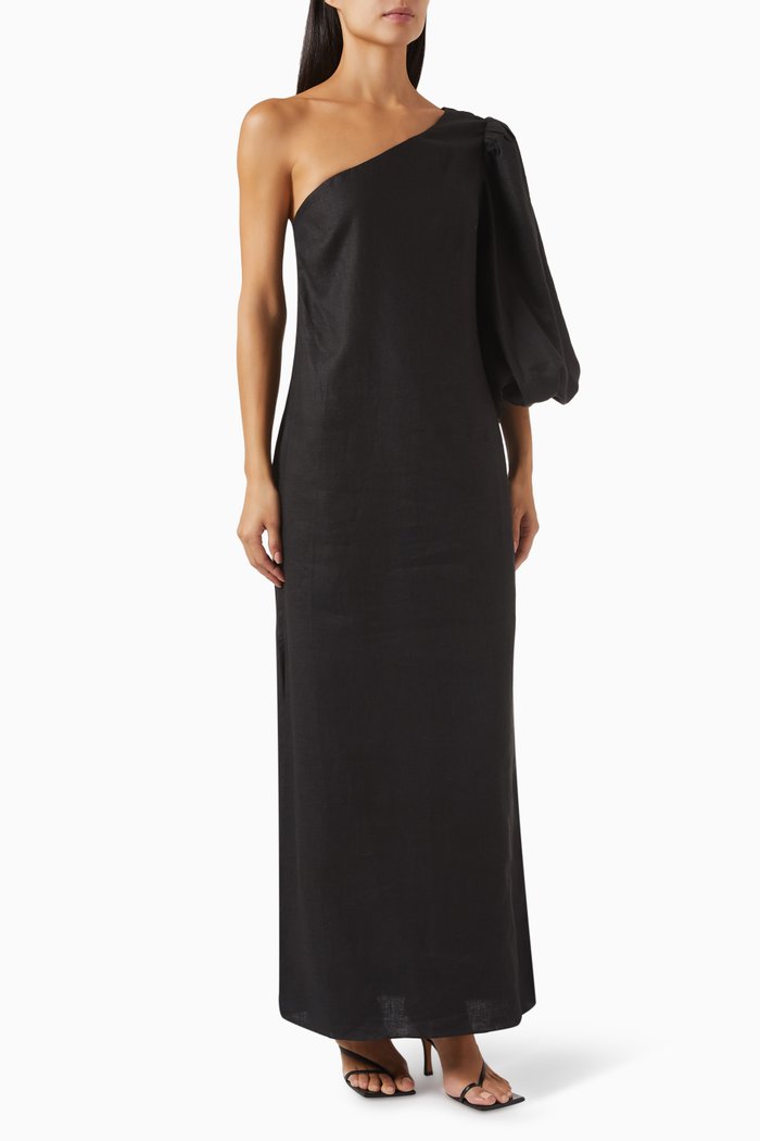 

Taliana Puff Sleeve Dress in Linen, Black