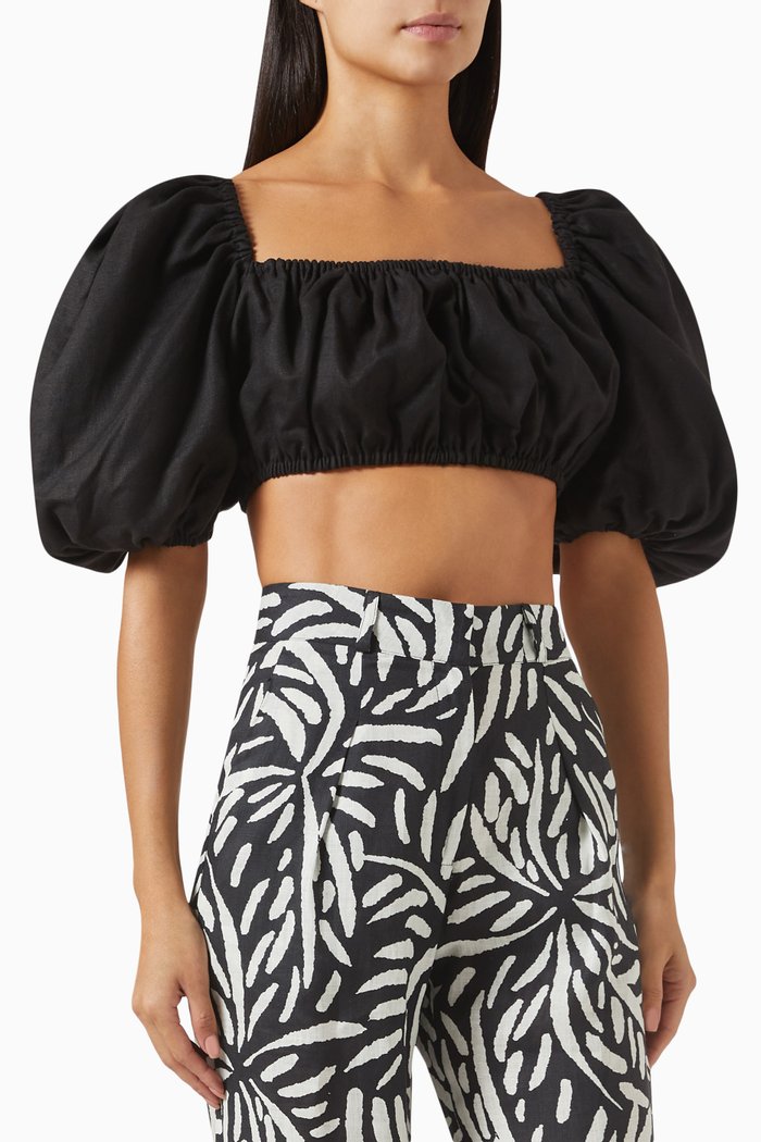 

Baku Puff-sleeve Top in Linen, Black