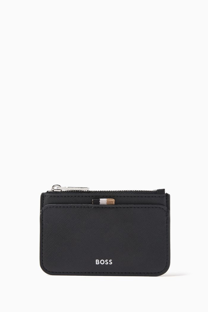 Zipped Card Holder in Leather, Black