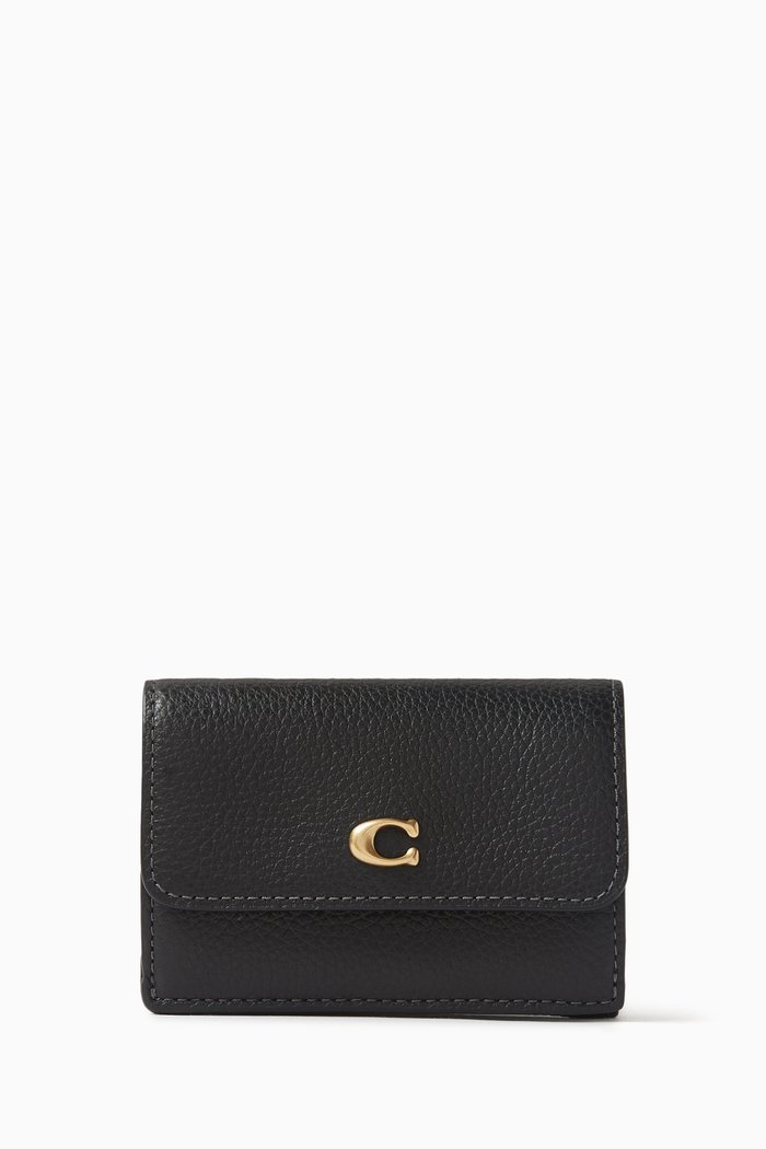 Mini Tri-fold Wallet in Pebbled Leather, Black