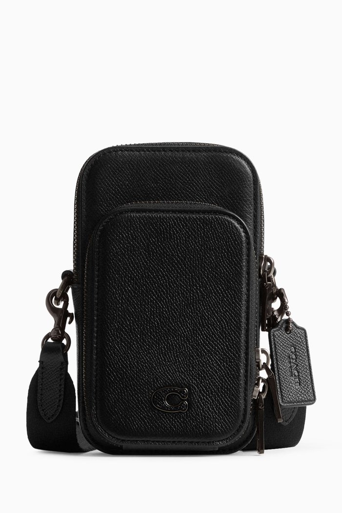 

Phone Crossbody Bag in Grained Leather, Black