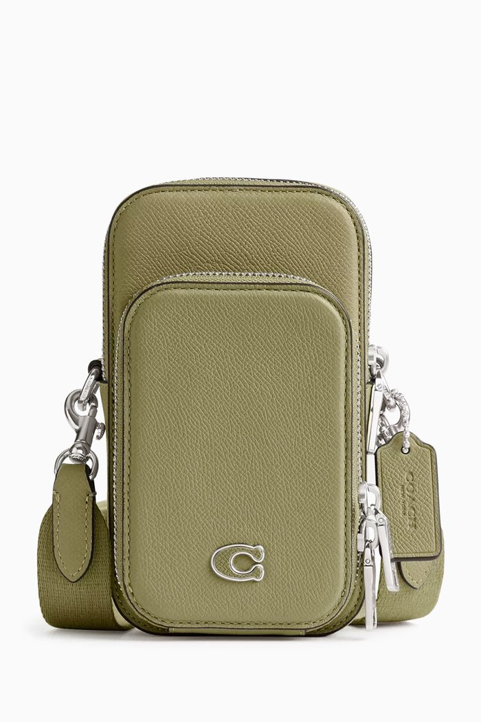 Phone Crossbody Bag in Grained Leather, Green
