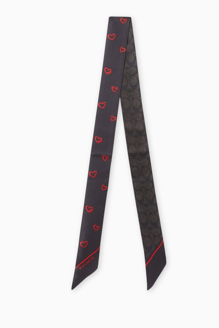 

Logo Hearts-print Skinny Scarf in Silk, Black