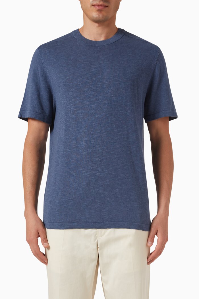 

Knitted Short-sleeve T-shirt in Cotton-linen, Blue