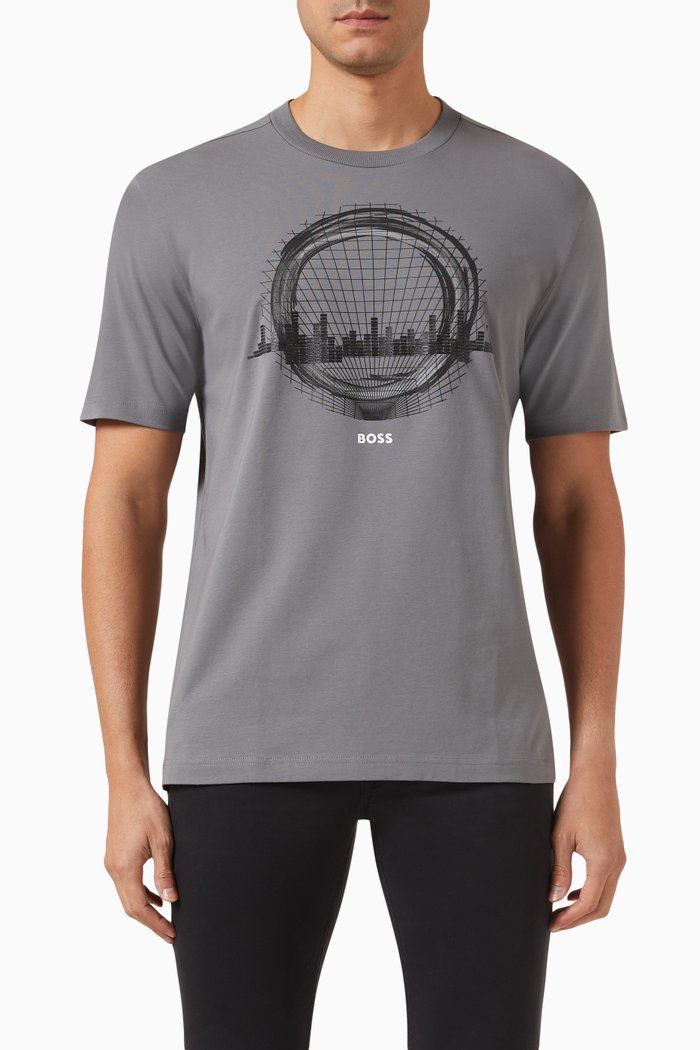 

Graphic Logo Print T-shirt in Stretch Cotton, Grey