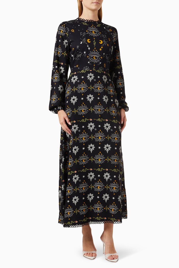 All Seeing Eye Megan Midi Dress in Viscose, Blue