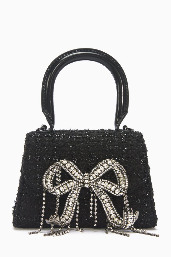 Micro Bow Bag in Textured Bouclé, Black