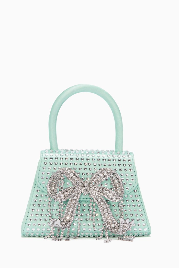 

Micro Bow Bag in Rhinestone-studded Satin, Blue