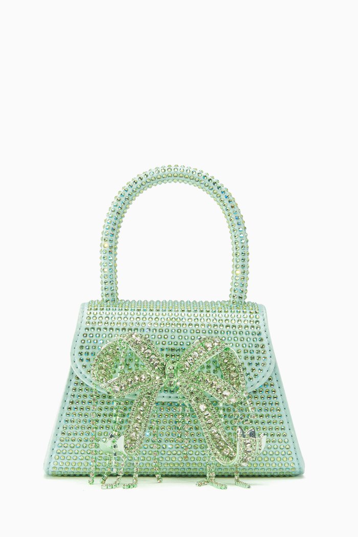 

Micro Bow Bag in Rhinestone-studded Satin, Green