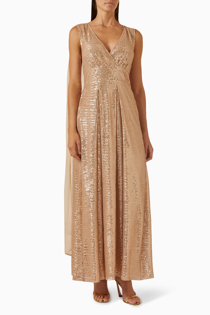 

Cape-sleeve Maxi Dress in Sequin, Gold