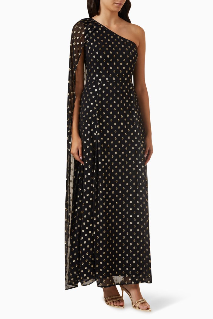 

One-shoulder Cape Maxi Dress in lurex-dobby, Black