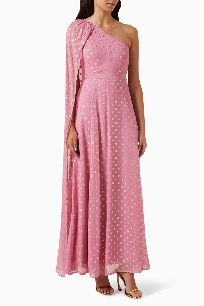 

One-shoulder Cape Maxi Dress in lurex-dobby, Pink