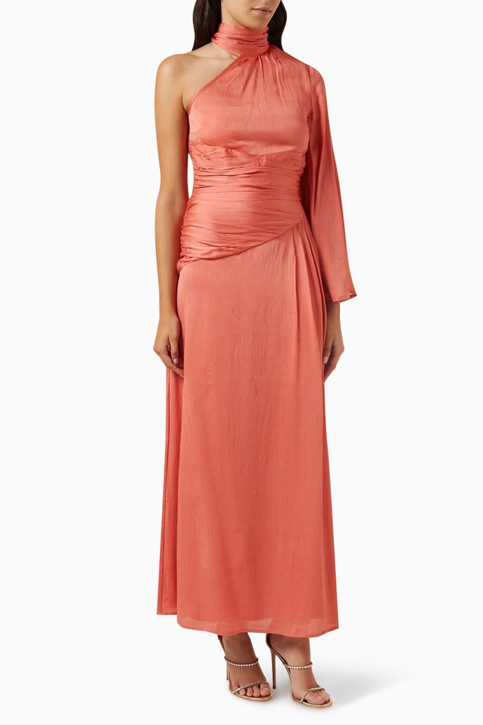 One-shoulder Neck-tie Maxi Dress in Viscose, Orange