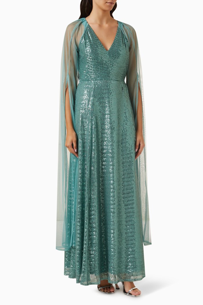 

Cape-sleeve Maxi Dress in Sequin, Green