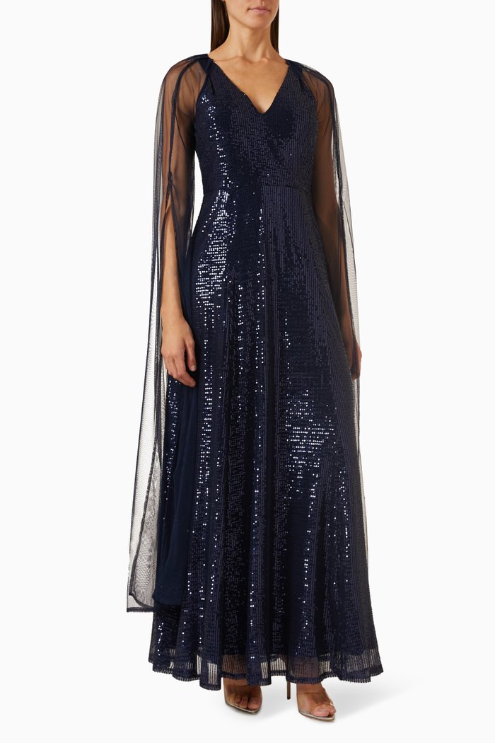 

Cape-sleeve Maxi Dress in Sequin, Blue