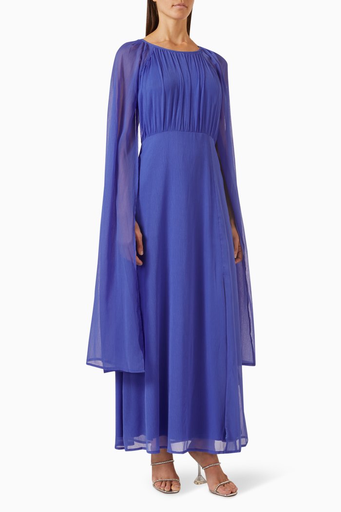 

Cape-sleeve Crinkled Maxi Dress, Blue