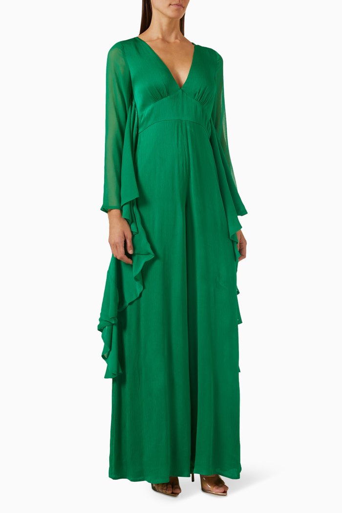 

V-neck Frilled Jumpsuit, Green