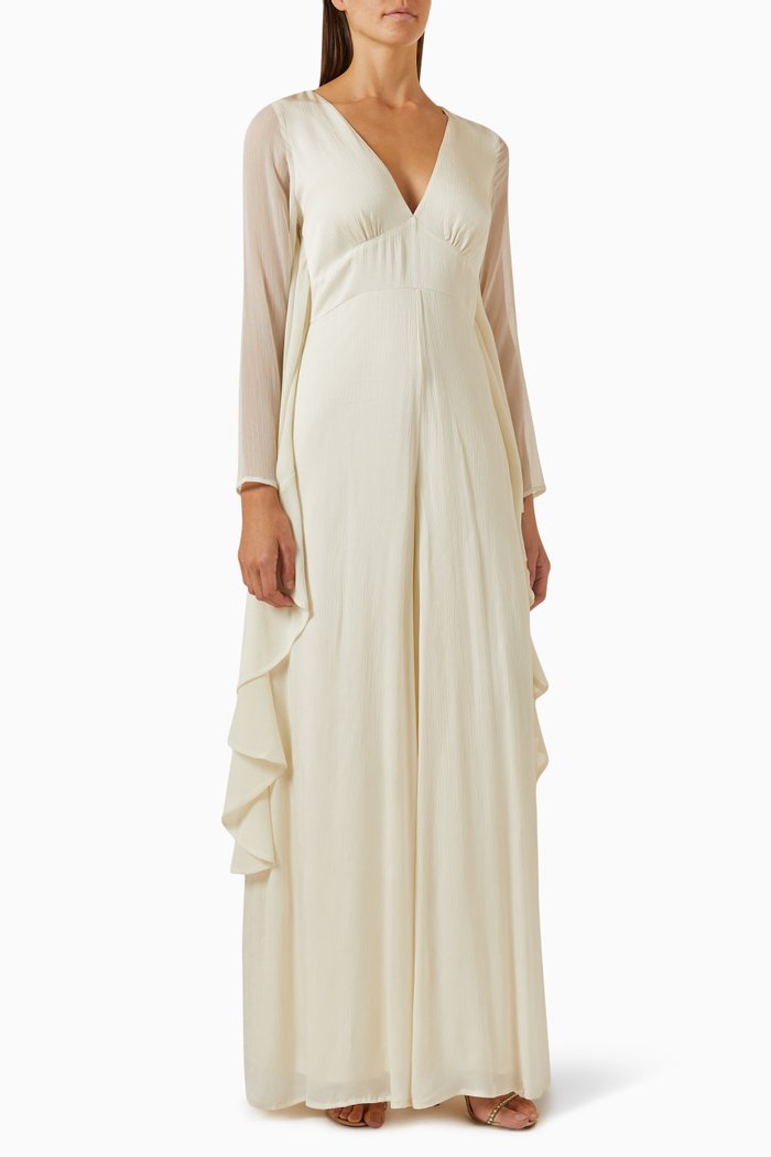 

V-neck Frilled Jumpsuit, Neutral
