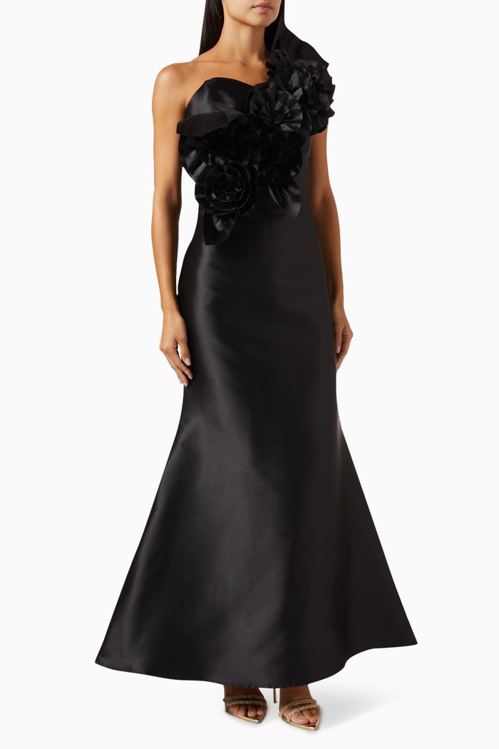 

3D Floral Applique Maxi Dress in Satin, Black