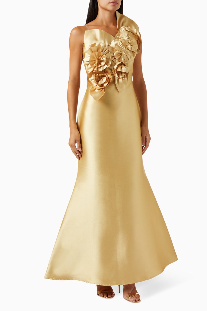 

3D Floral Applique Maxi Dress in Satin, Gold