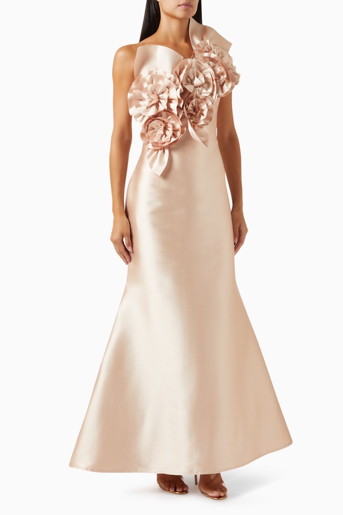 

3D Floral Applique Maxi Dress in Satin, Orange